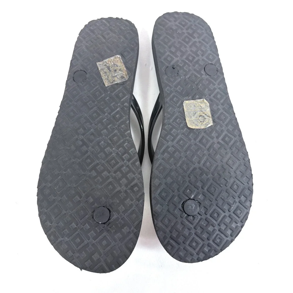 Tory Burch Flip Flop Sandals Black Floral Logo Thong Rubber Shoes Women Sz 9